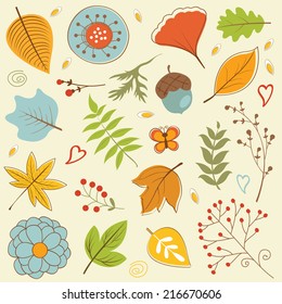 Bright Colorful Autumn  elements  composed in foliage set