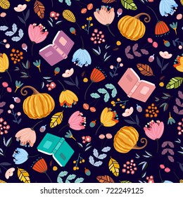 Bright colorful autumn pattern background with books, pumpkins and flowers. Vector illustration