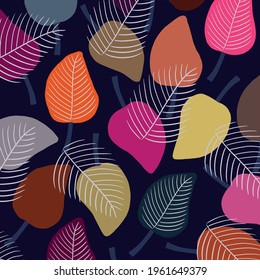 Bright colorful autumn psychedelic template. Multicolored leaves and branches on a dark blue background. Abstract neon artwork. Modern illustration.