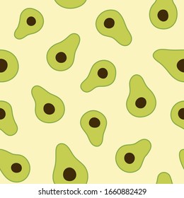 Helles und farbenfrohes Avocado-sich wiederholendes Muster. Endlose Vektorillustration. Vorlagendesign für Textilien, Hintergründe, Verpackungen, Umhüllungspapier, Gewebe, Tapeten.
