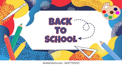 Bright and Colorful BACK TO SCHOOL Banner com lápis, paleta de tinta, régua, pincel e formas abstratas. Perfeito para educação, promoções escolares e materiais de aprendizagem criativos. Ilustração vetorial.
