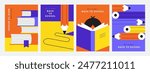Bright, colorful back to school posters or banners set with books and pencils.