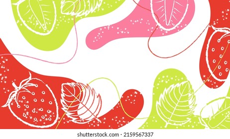 Fondo Colorido y Luminoso con puntos abstractos, salpicaduras, pinceles y fresas y hojas gráficas. Perfecto para carteles, contenido de medios sociales y materiales impresos