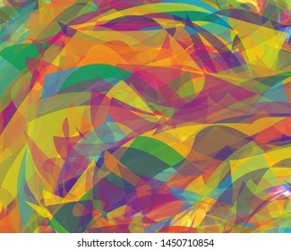 Bright colorful background with curves, irregular geometric shapes of all colors of the rainbow and varying degrees of transparency. school, strokes,
