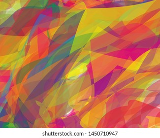 Bright colorful background with curves, irregular geometric shapes of all colors of the rainbow and varying degrees of transparency. school, strokes,