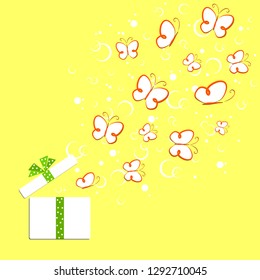 Bright colorful background Cute doodle drawing butterfly on a yellow background Spring summer theme sale advertising eco nature butterfly banner Springtime summertime theme concept background Vector