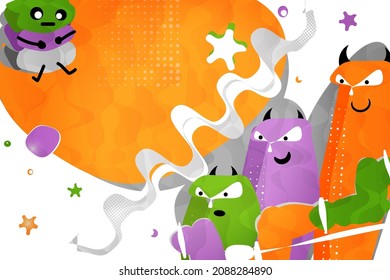Bright, colorful background with cute monsters. Design banner for advertising. Template slide for presentation, party, festive, sale, media. Trending background for different design purposes with copy