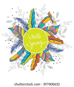  bright colorful background with a pattern of colorful feathers and floral elements in a circle with the words Hello spring