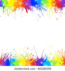 Fondo colorido brillante con pinturas de color arcoiris y espacio para texto. Fronteras sin problemas. Ilustración vectorial.