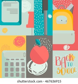 Bright colorful background with school objects. Stationery products. Back to school. Youth style with textures