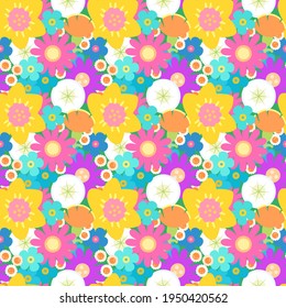 Fondo colorido brillante. Flores de primavera y verano se acercan. Patrón vectorial sin cable.