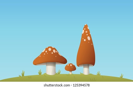 A bright and colorful background with three mushrooms sitting on top of a hill with grass surrounding them.