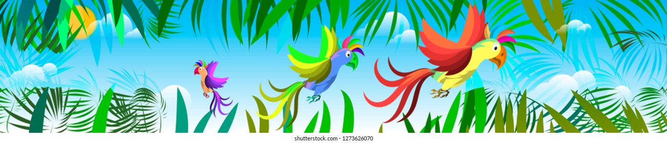 Bright colorful background with tropical plants and flying multicolor parrots. banner. vector image