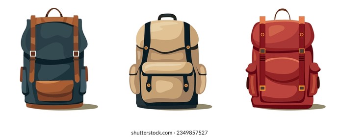 Bright colorful Backpack for camping in flat and cartoon style. Set of vector illustrations of retro backpacks for tourism. Classic bags for Sports.