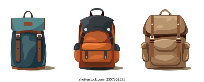 Bright colorful Backpack for camping in flat style. Set of vector illustrations of retro backpacks for travel and tourism. Classic bags for Sports.