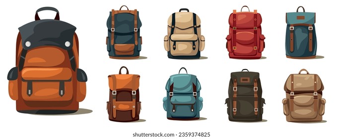 Bright colorful Backpack for camping in flat and cartoon style. Set of vector illustrations of retro backpacks for travel and tourism. Classic bags for Sports.