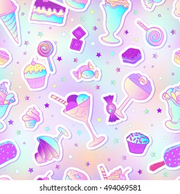 Bright colorful bakery and dessert pastry cute icons. Seamless pattern with candies and sweets. Vivid colors cute vector illustration. Stickers, pins, patches. Excellent for menu design.