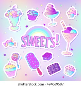 Bright colorful bakery and dessert pastry cute icons of candies and sweets. Vivid colors cute vector illustration. Set of stickers, pins, patches. Excellent for kids menu design.