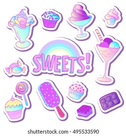 Bright colorful bakery and dessert pastry cute icons of candies and sweets. Vivid colors cute vector illustration. Set of stickers, pins, patches. Excellent for kids menu design.