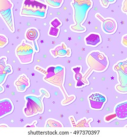 Bright colorful bakery and dessert pastry cute icons. Seamless pattern with candies and sweets. Vivid colors cute vector illustration. Stickers, pins, patches. Excellent for menu design.