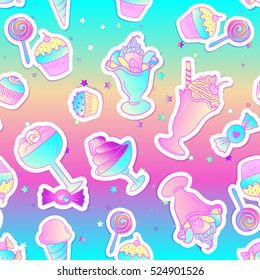 Bright colorful bakery and dessert pastry cute icons. Seamless pattern with candies and sweets. Vivid colors cute vector illustration. Stickers, pins, patches. Excellent for menu design.