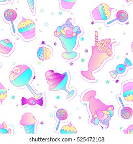 Bright colorful bakery and dessert pastry cute icons. Seamless pattern with candies and sweets. Vivid colors cute vector illustration. Stickers, pins, patches. Excellent for menu design.