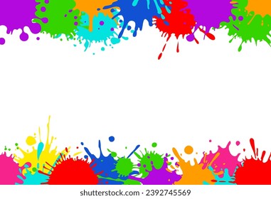 Bright colorful banner. Horizontal banner with colorful paint spots and splashes. Colorful blots, multicolored splash spray paints. Frame background Vector illustration