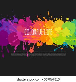 bright and colorful banner with paint stains and splatters on a black background, vector abstract background