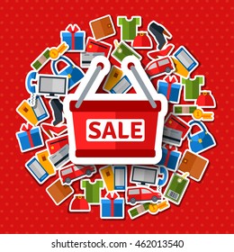 Bright colorful banner with sticker type icons and shopping cart frame. Online shop sale concept. Place for your text. Vector illustration. Clothing and accessories, order and delivery.