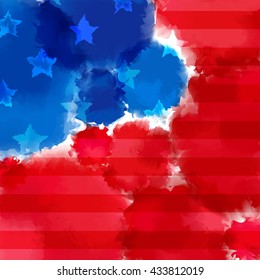 Bright Colorful Banner with Watercolor Splashes. Abstract American Flag Texture. Red and Blue Colored Banner Design.