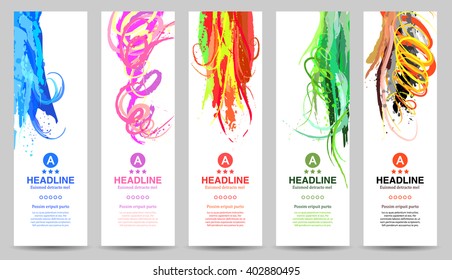 Bright Colorful Banners with Watercolor Splashes. Abstract Template.  Paint Texture. Rainbow Colored Vertical Banner Design. Vector. Isolated.