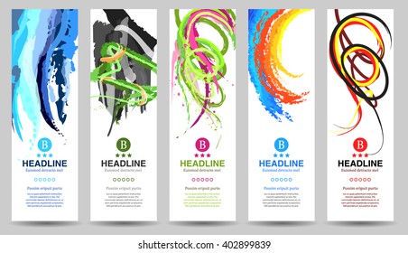 Bright Colorful Banners with Watercolor Splashes. Abstract Template.  Paint Texture. Rainbow Colored Vertical Banner Design. Vector. Isolated.