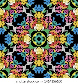 Bright colorful Baroque vector seamless pattern. Damask ornamental multicolor background. Vintage floral baroque ornaments in Victorian style. Decorative beautiful design for wallpapers, fabric, print
