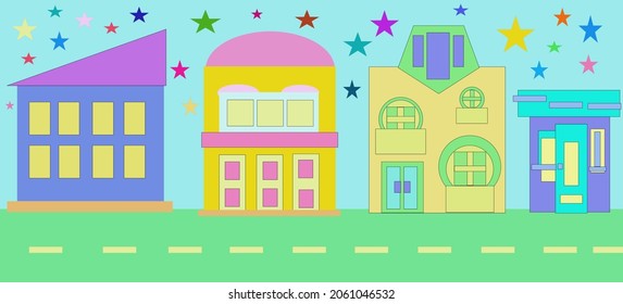 Bright Colorful Basic Shapes Building Design Illustration 2021
