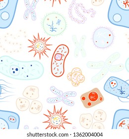 A lot of bright colorful biology cells, bacterias and virus, seamless pattern on white