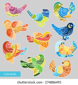 Bright colorful birds. Vector set