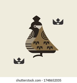 Bright, colorful bird-winged on a background of abstract geometric shapes. Vector illustration on a colored background. Logo. Flat design.
