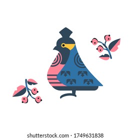 A bright, colorful bird-winged on a background of branches with rowan berries. Vector illustration on a colored background. Logo. Flat design.
