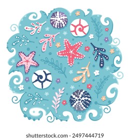 Colorido azul brillante, coral, rosa, blanco y púrpura concha, estrella de mar y erizo de mar ilustración en las olas azules. Diseño de Vector de vida marina aislado adecuado para camisetas y decoración de paredes.