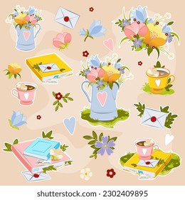Bright and colorful botanical print, vector illustration of a flowering meadow with herbs. Tea set with flowers. Books, an envelope with a letter, a picnic. A set  on a pastel pink background.