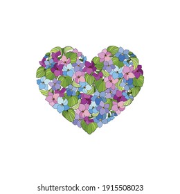 Bright colorful bouquet of flower viola in the shape of a heart. Vector illustration for festive design, postcards, invitations, posters, tee shirt, pillow, home decor.