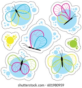 Bright colorful butterflies vector stickers set. Beauty decorative flying insects isolated on white background