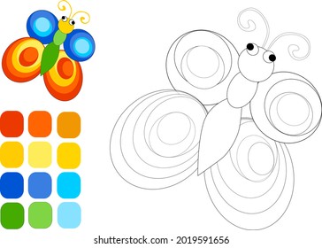  Bright colorful butterfly. Children's coloring with an example. Vector illustration
