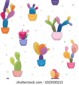 Bright colorful cacti potted plants seamless pattern texture. Various kinds of exotic tropical desert cactus flowers on white background. Vector design illustration for textile, fabric, fashion.