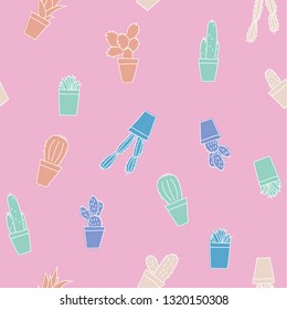 Bright colorful cacti potted plants seamless pattern texture. Various kinds of exotic tropical desert cactus flowers on pink background. Vector design illustration for textile, fabric, fashion, stick