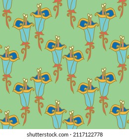 Bright and colorful calla lily vector repeat pattern in green, aqua blue and orange