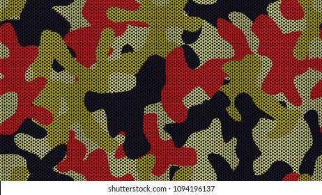 Bright colorful camouflage. Seamless yellow-red-black vector pattern. Masking mesh with stains. Informal urban style for clothes and accessories. Military design masking contours of hidden object.