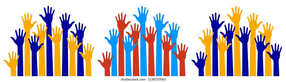 Bright colorful caring up hands set. Logo design element. Volunteers hands up emblem icon for education, health care, medical, volunteer, vote. Vector illustration 