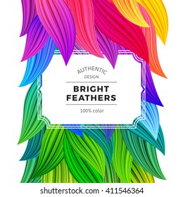 Bright Colorful Carnival Background. Exotic Summer Frame. Vector Vibrant Feathers Illustration. Crazy Rainbow Leaves Isolated on White.