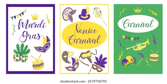 Bright and colorful carnival posters with Mardi Gras, Venice Carnival, and festive decorations including masks, crowns, drums, and trumpets. Vector vertical banners with had drawn drawings